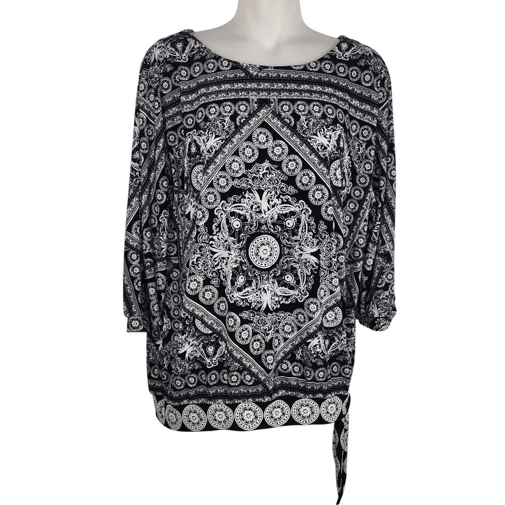 Chico's Womens Blouse Black White Medallion Printed Side Tie 3/4 Dolman Sleeve M